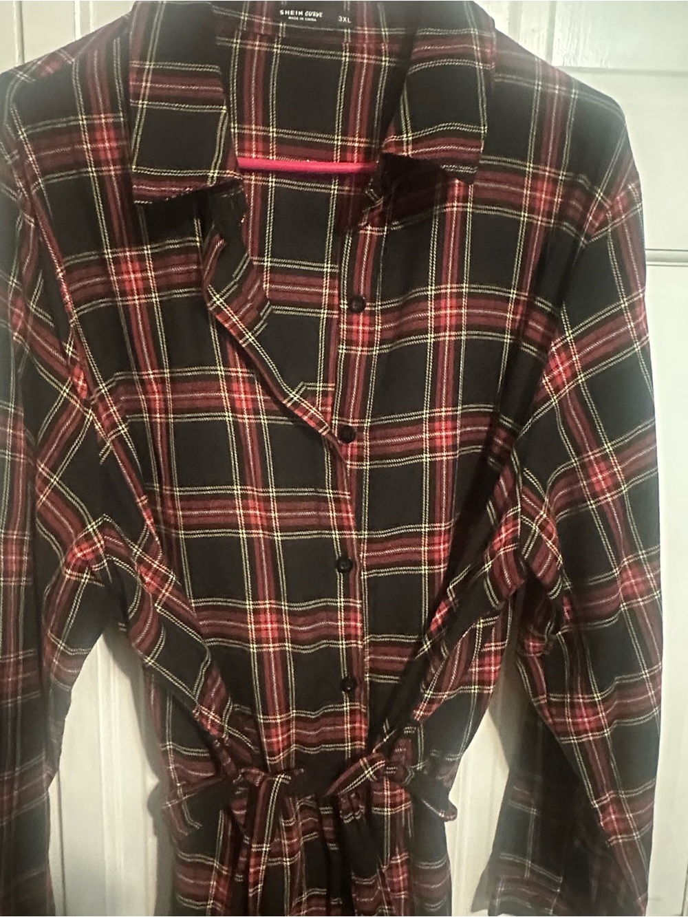 SHEIN Black Red Plaid Tie-Waist Long Sleeve Dress